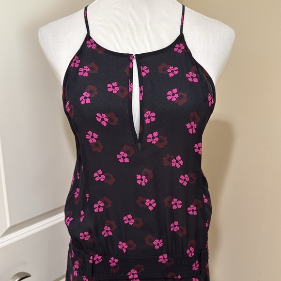 A.L.C. 100% Silk Whimsical Fairy Keyhole Black/Pink Floral Midi Dress Size 10 - Picture 2 of 9
